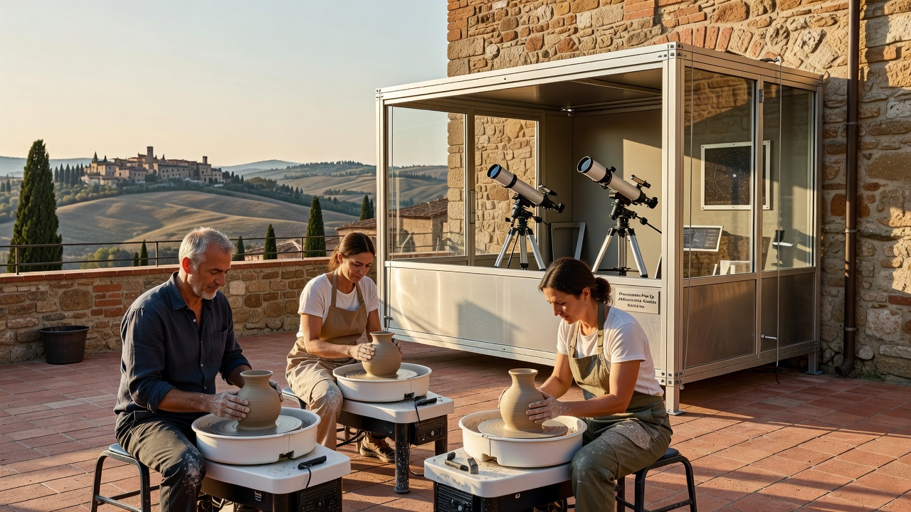 Close-up view of a potter shaping a clay vessel under star alignment tools in an Italian hill town observatory