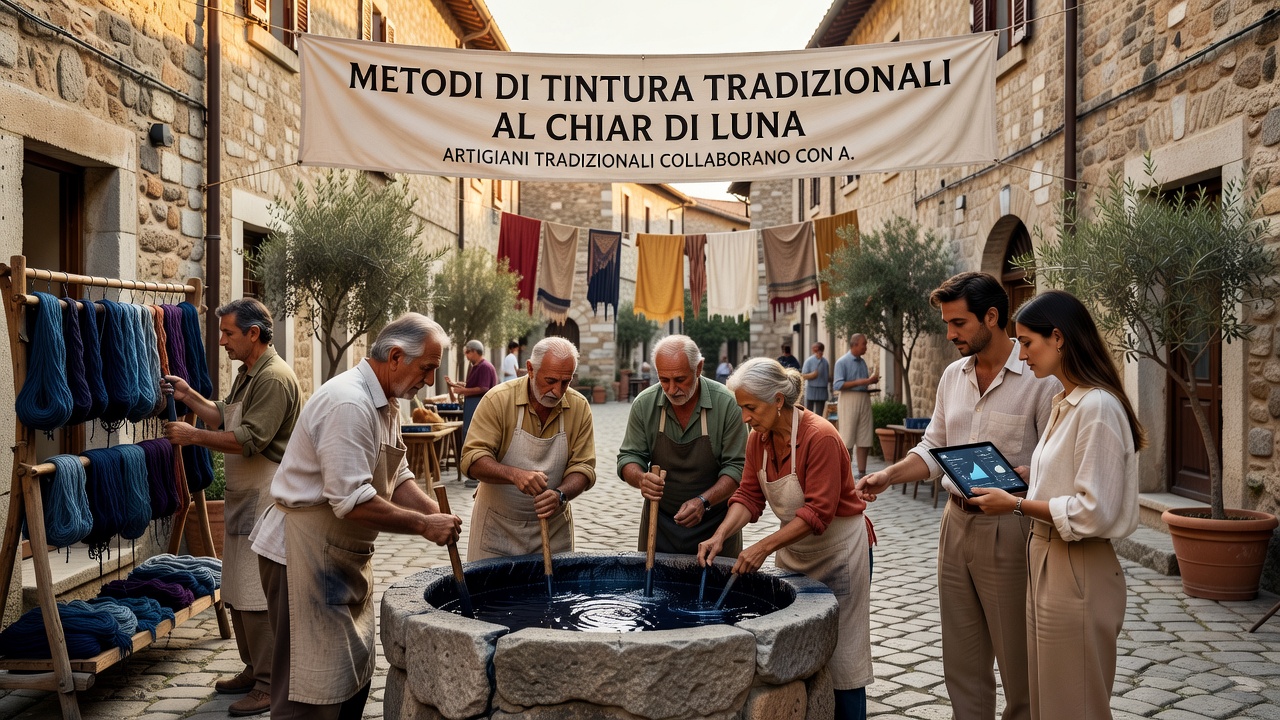 Astronomers and textile artisans review lunar charts together while monitoring pigment vats in an Italian village setting