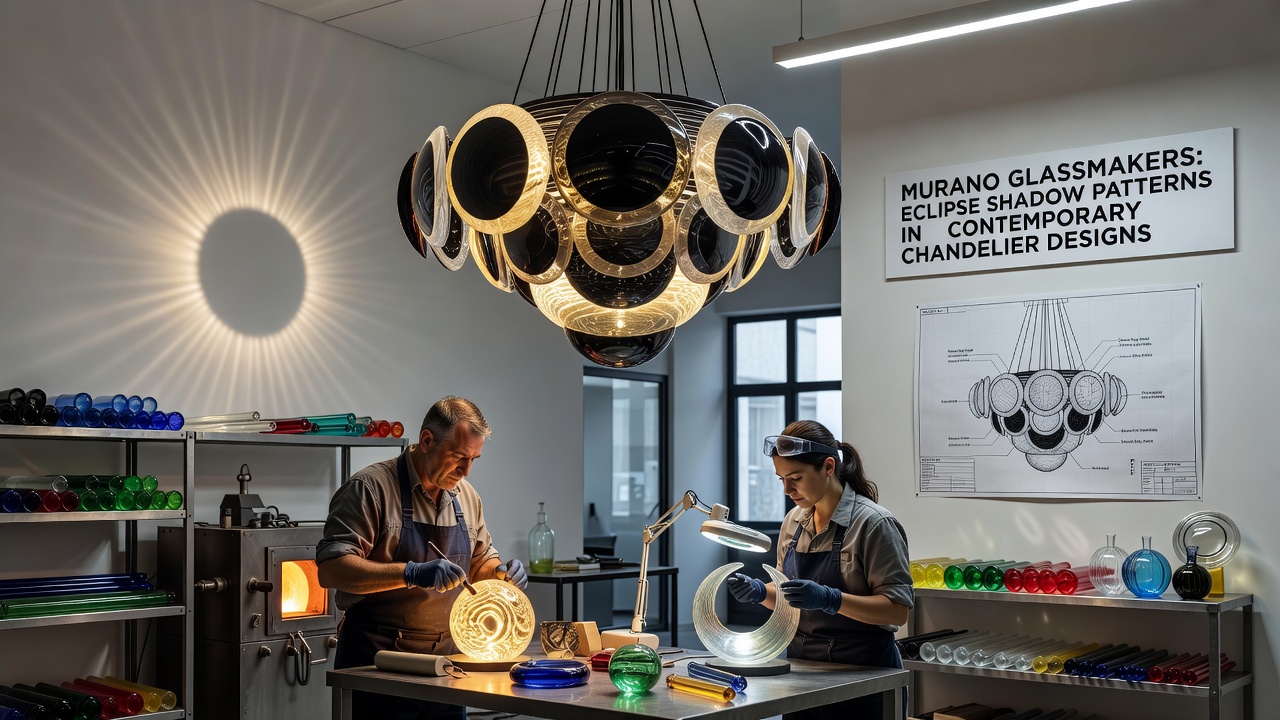 Close view of a finished Murano chandelier displaying layered eclipse shadow patterns in suspended glass elements